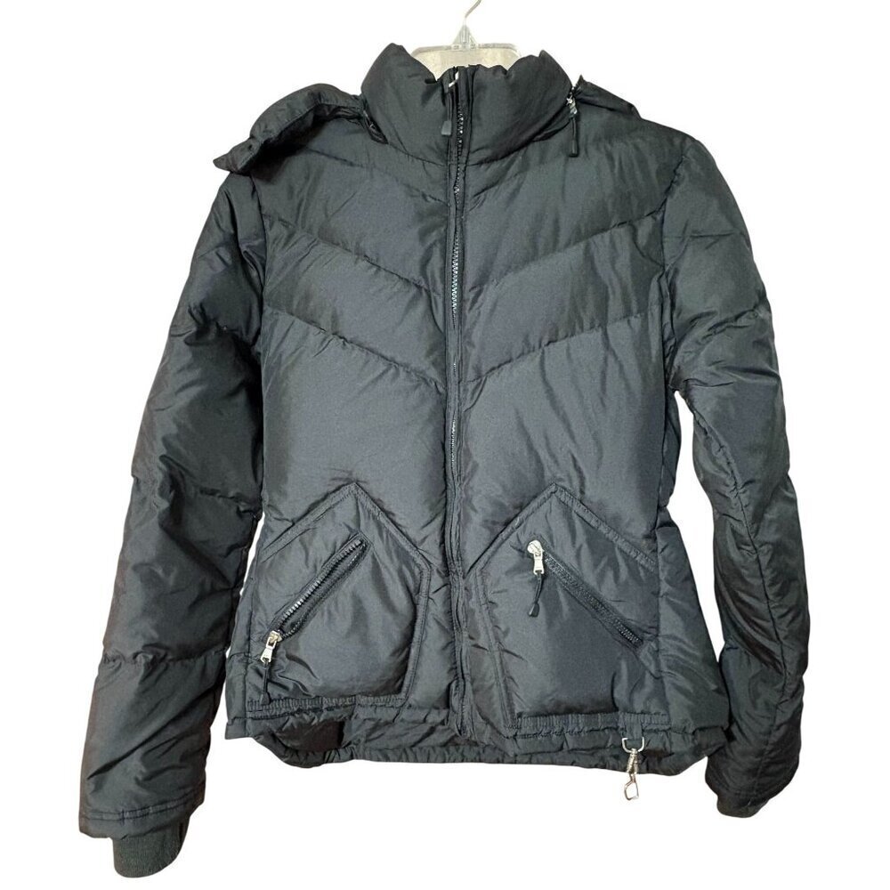 J Crew Women's Down Filled Black Puffer Jacket Coat Hood Zip Pockets Medium - Picture 3 of 12
